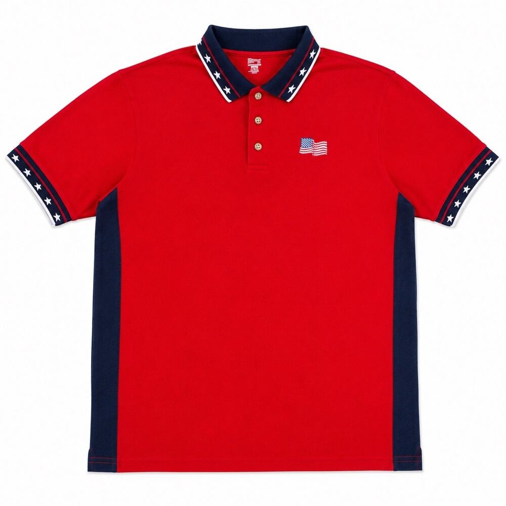 Vintage Soffe USA Flag Polo Shirt Mens XL Red Patriotic Americana Made In USA